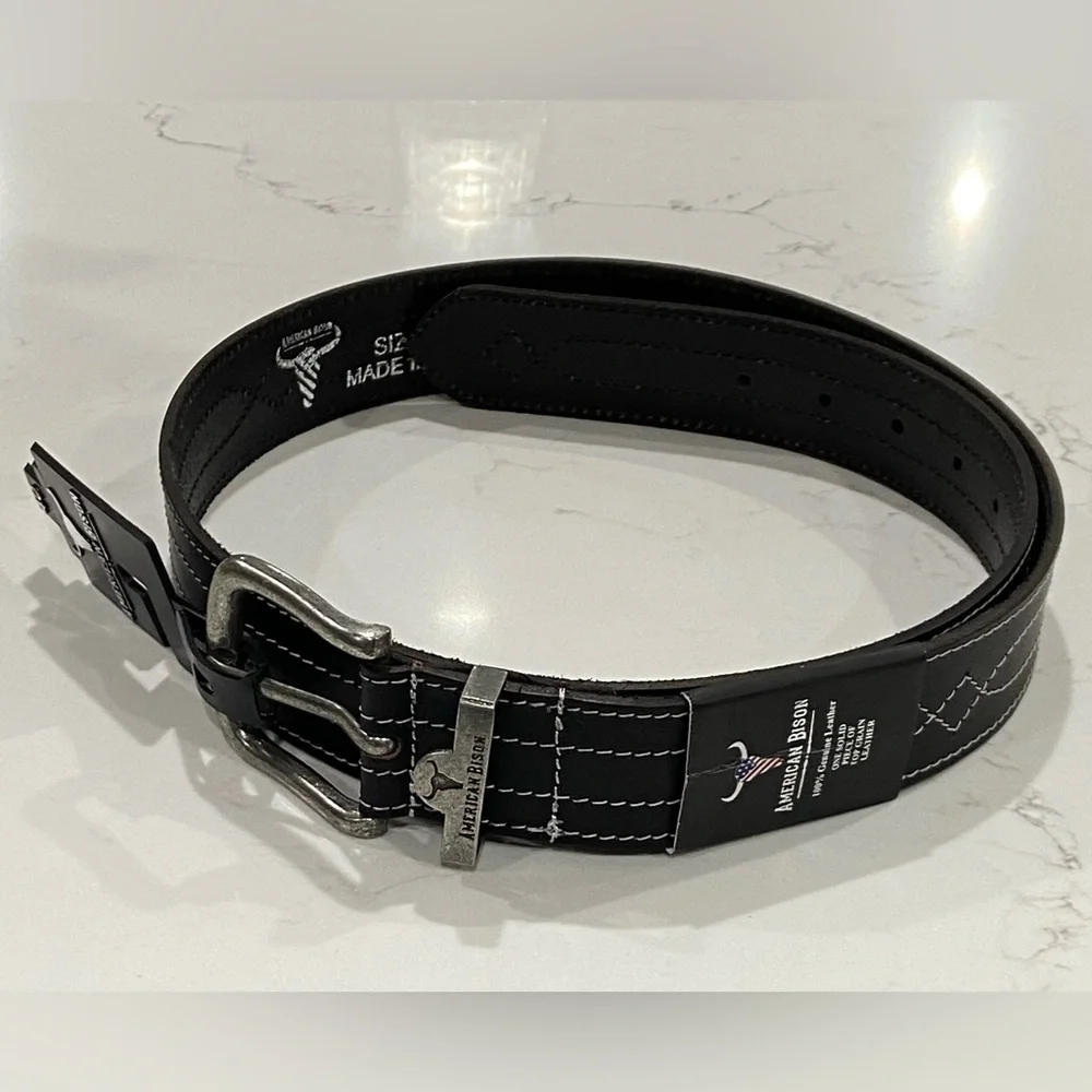 American Bison Black 100% Genuine Leather Stitched Western Belt Men’s Sz 40 NWT